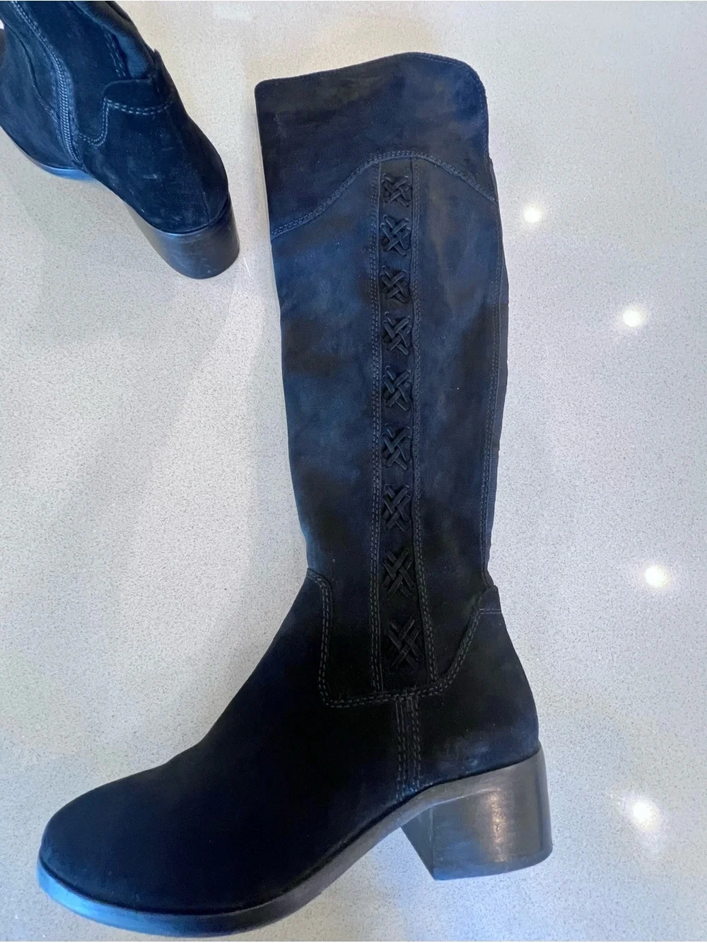 Black Suede Leather Knee High Boots Vince Camuto Sz 8 1/2 Kreesell Braid Detail